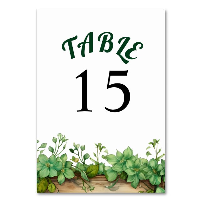 Wood and lovely greenery spring wedding table number (Front)