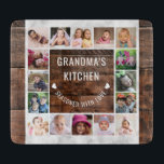 Wood And Marble 16 Photo Collage Grandma’s Kitchen Cutting Board<br><div class="desc">This rustic wood and marble glass cutting board is a heartfelt tribute to Grandma’s kitchen, featuring a 16-photo collage template. The design includes "Grandma’s Kitchen – Seasoned with Love" typography, making it a perfect keepsake for showcasing treasured family memories. Ideal for daily use or as a decorative piece, this personalised...</div>