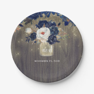 Wood and Navy Flowers Mason Jar Wedding Paper Plate
