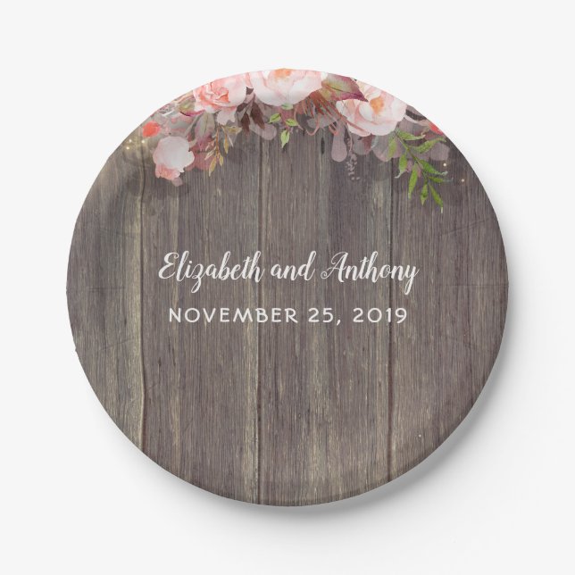Wood and Pink Flowers Rustic Wedding Paper Plate (Front)