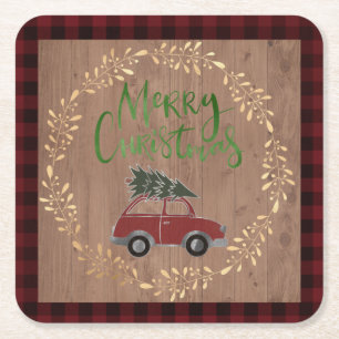 Wood and Plaid Christmas Square Paper Coaster