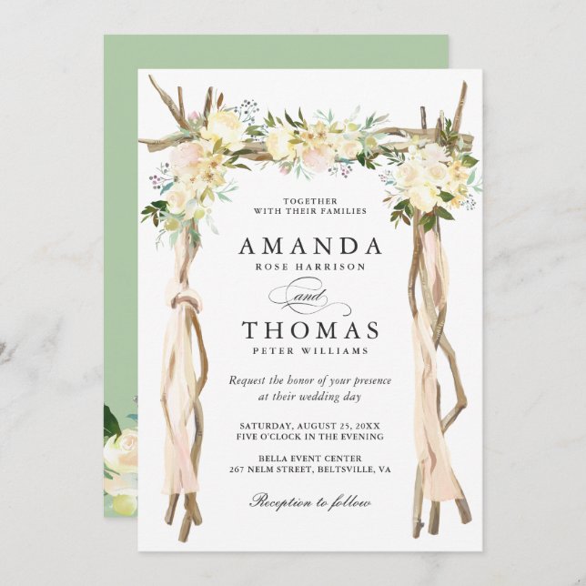 Wood Arbor Arch Ivory White Rustic Floral Wedding Invitation (Front/Back)