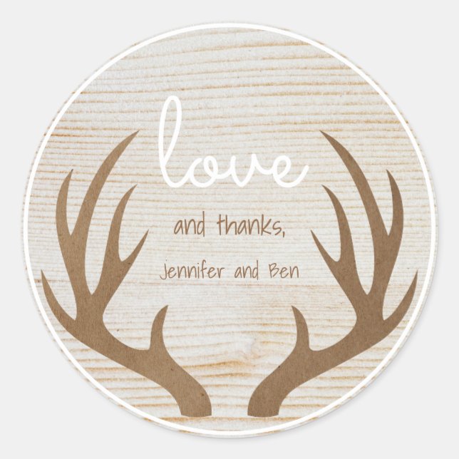 Wood Background Boho Antlers Love and Thanks Classic Round Sticker (Front)