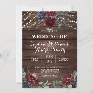 Wood Background Marsala Navy Flower Rustic Wedding Invitation
