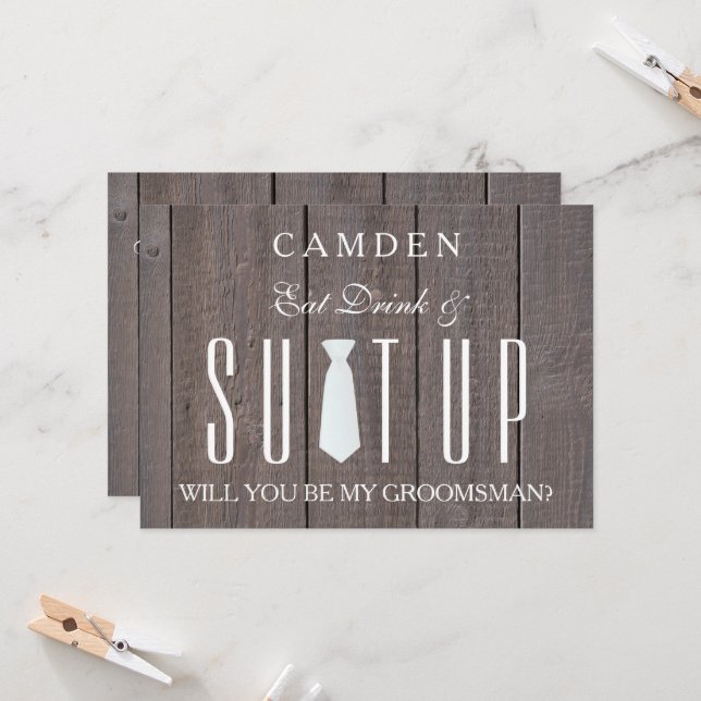 Wood Background Suitup Will you be my groomsman In Invitation (Front/Back In Situ)