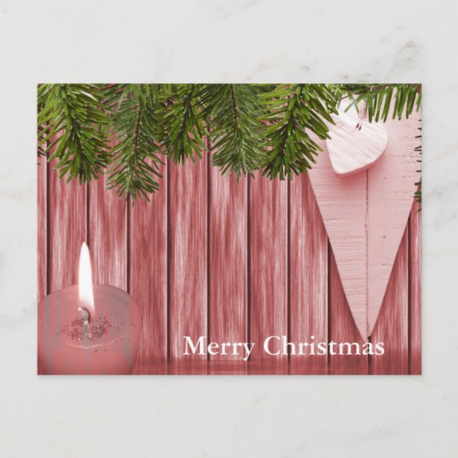Wood background with candle and heart Christmas Holiday Postcard (Front)