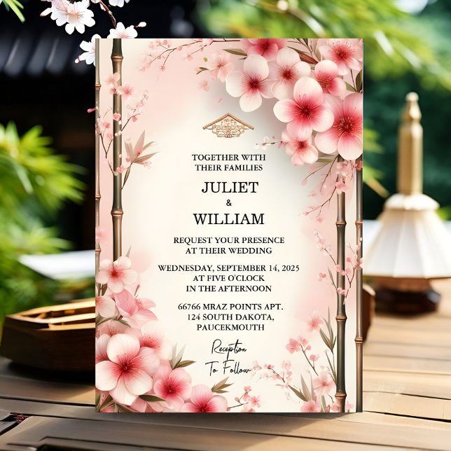 Wood Bamboo Pink Sakura Cherry Blossom Wedding Invitation (Creator Uploaded)