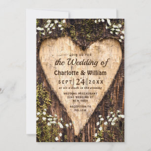 Wood Bark Baby Breath Heart Rustic Wedding Invitation