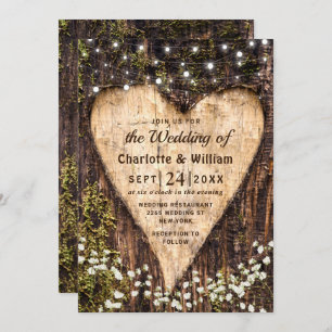 Wood Bark Baby Breath Heart Rustic Wedding Invitation