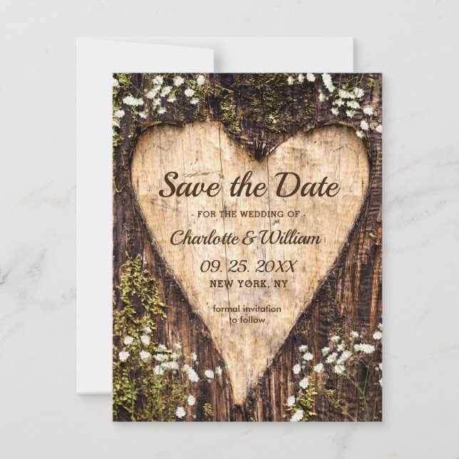 Wood Bark Baby Breath Heart Rustic Wedding Save The Date (Front)