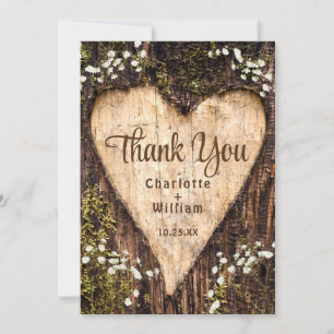 Wood Bark Baby Breath Heart Rustic Wedding Thank You Card