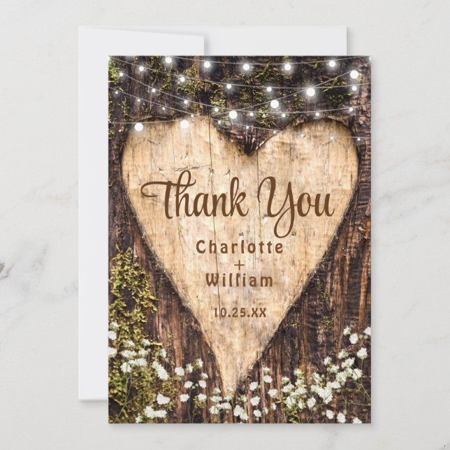 Wood Bark Baby Breath Heart Rustic Wedding Thank You Card (Front)