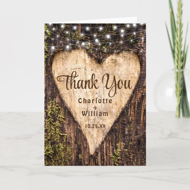 Wood Bark Baby Breath Heart Rustic Wedding Thank You Card (Front)