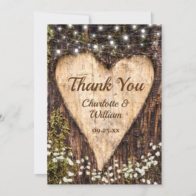 Wood Bark Baby Breath Heart Rustic Wedding Thank You Card (Front)