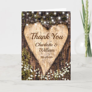Wood Bark Baby Breath Heart Rustic Wedding Thank You Card