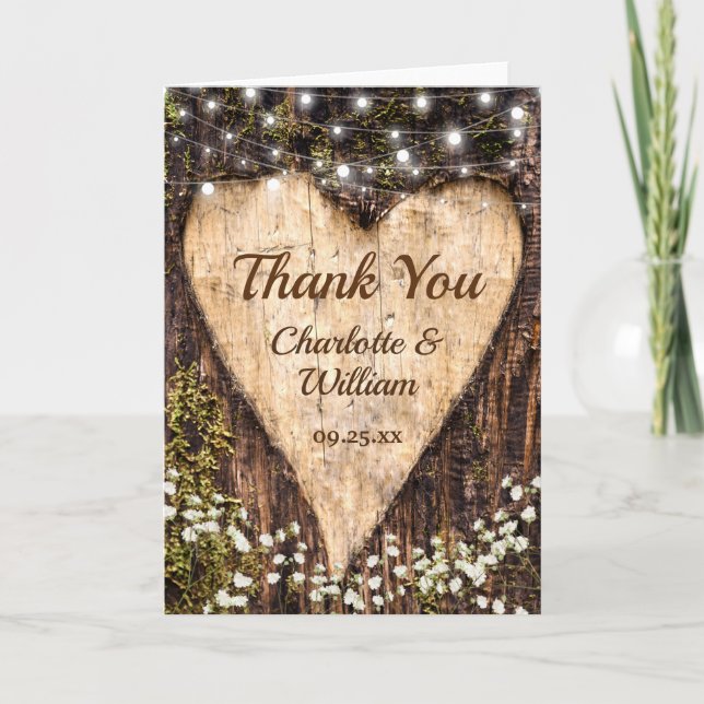 Wood Bark Baby Breath Heart Rustic Wedding Thank You Card (Front)