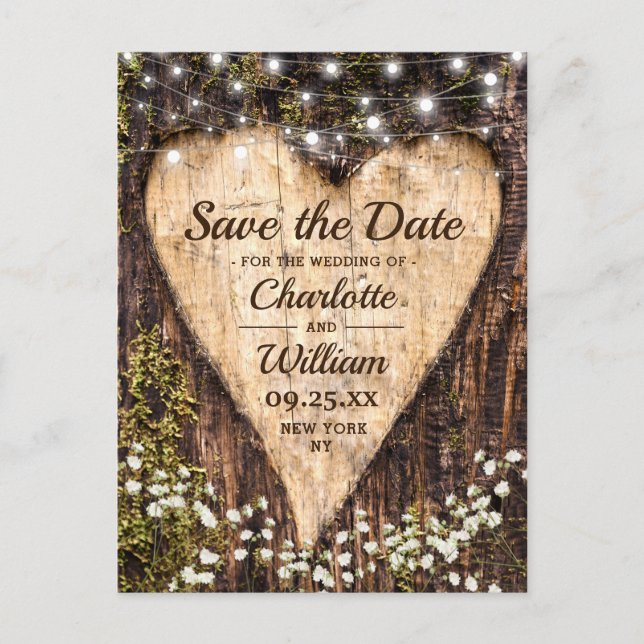 Wood Bark Heart Baby Breath Wedding Save The Date Postcard (Front)