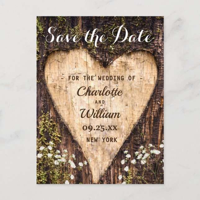 Wood Bark Heart Baby Breath Wedding Save The Date Postcard (Front)