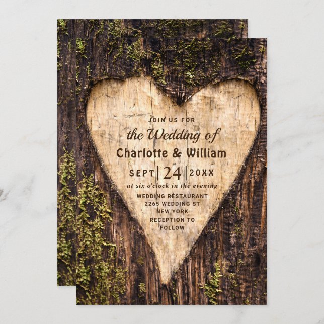 Wood Bark Heart Rustic Wedding Invitation (Front/Back)