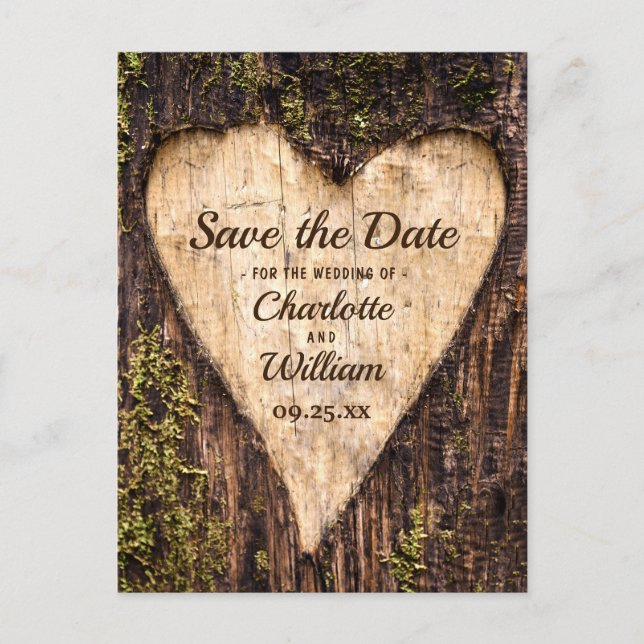 Wood Bark Heart Rustic Wedding Save The Date Postcard (Front)