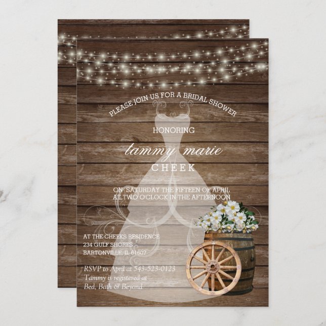 Wood Barrel Bridal Shower- White Spring  Floral Invitation (Front/Back)