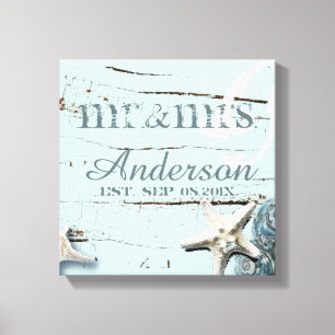wood BLue Seashells Beach Wedding mr and mrs Canvas Print