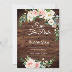 Wood Blush Floral Wreath Wedding Save The Date  Invitation