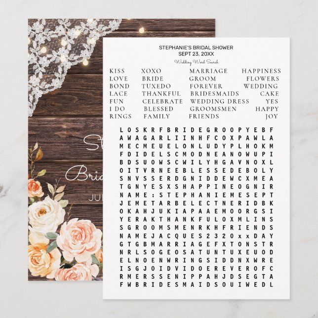 Wood Blush Peach Floral Bridal Shower Word Search Invitation (Front/Back)