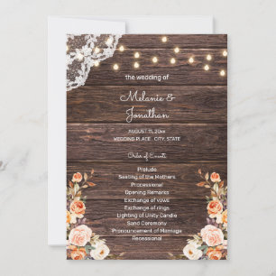 Wood Blush & Peach Floral Wedding Ceremony Program Invitation