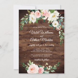 Wood Blush Pink Floral Wreath Bridal Shower Invitation