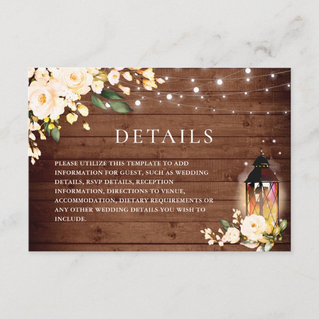 Wood Blush Rose  Floral Lantern Wedding Details Enclosure Card (Front)