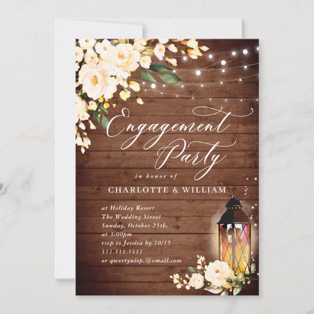 Wood Blush Roses & Lantern ENGAGEMENT PARTY Invitation (Front)