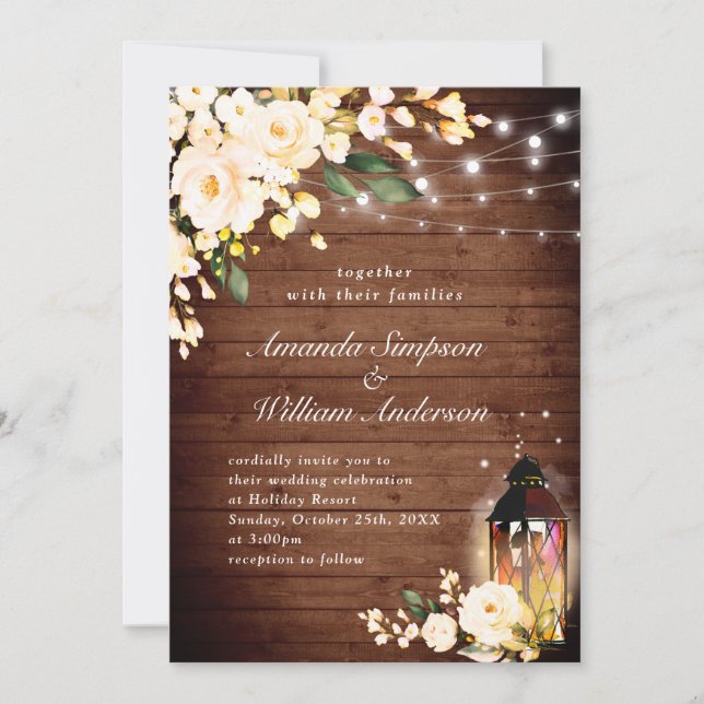 Wood & Blush Roses & Lantern Watercolor wedding Invitation (Front)