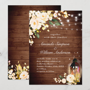 Wood & Blush Roses & Lantern Watercolor wedding Invitation