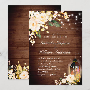 Wood & Blush Roses & Lantern Watercolor Wedding Invitation