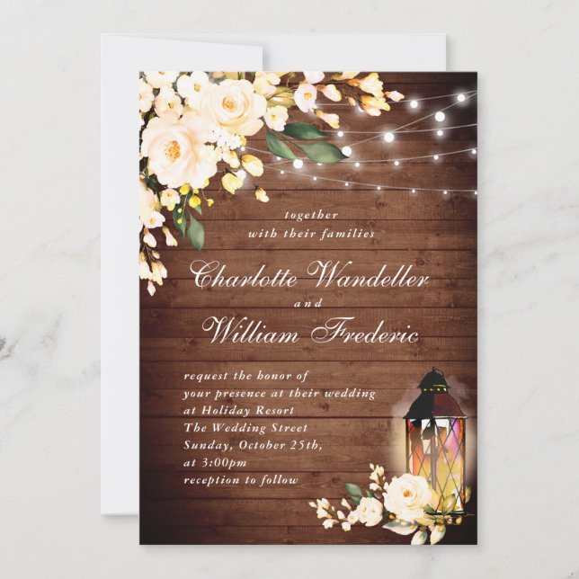 Wood & Blush Roses & Lantern Watercolor wedding Invitation (Front)