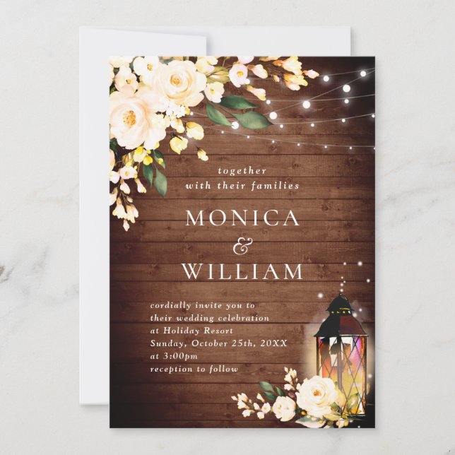 Wood & Blush Roses & Lantern Watercolor wedding Invitation (Front)