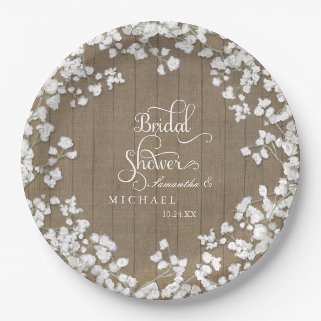 Wood Board Bridal Shower Decor Script Babys Breath Paper Plate (Front)