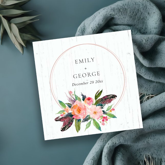 WOOD BOHO BLUSH FLORAL WREATH WEDDING WEBSITE RSVP SQUARE BUSINESS CARD (Creator Uploaded)
