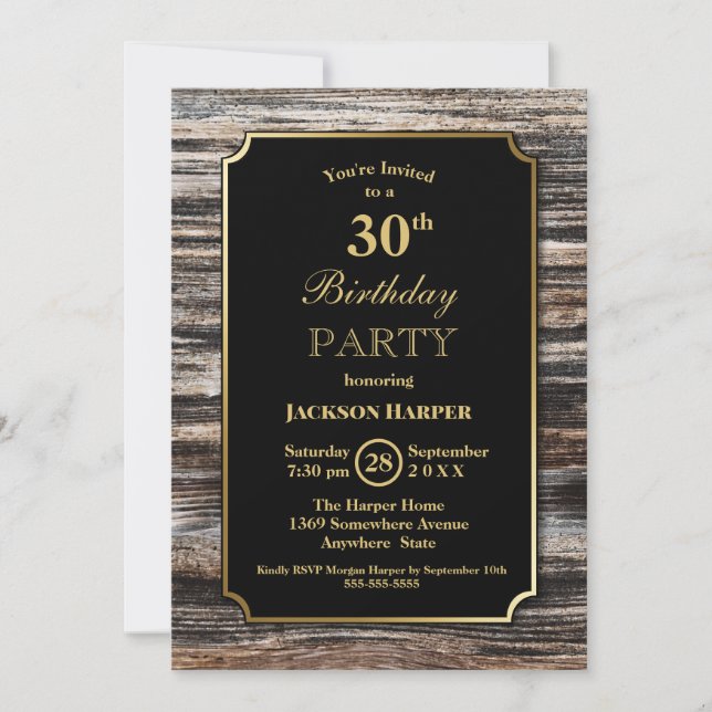 Wood Border Black 30th Birthday Party Invitation (Front)