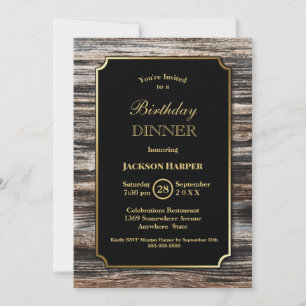 Wood Border Black Birthday Dinner Party Invitation