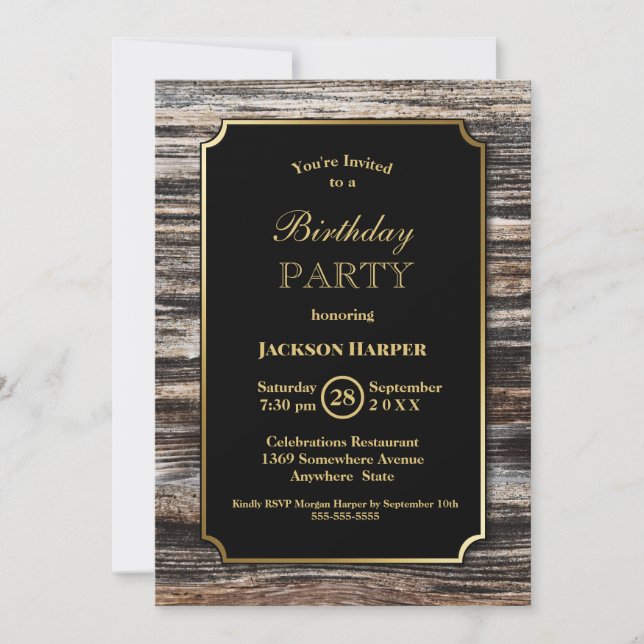Wood Border Black Birthday Party Invitation (Front)