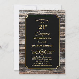 Wood Border Black Surprise 21st Birthday Dinner Invitation