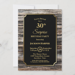 Wood Border Black Surprise 30th Birthday Party Invitation