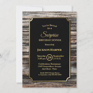 Wood Border Black Surprise Birthday Dinner Party Invitation