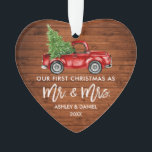 Wood Brush Script First Christmas Truck Heart Ornament<br><div class="desc">Rustic Wood Modern Brush Script Our First Christmas as Mr. and Mrs. - Watercolor Vintage Red Truck Heart Ornament</div>