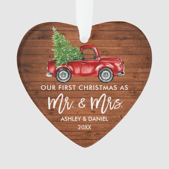Wood Brush Script First Christmas Truck Heart Ornament (Front)