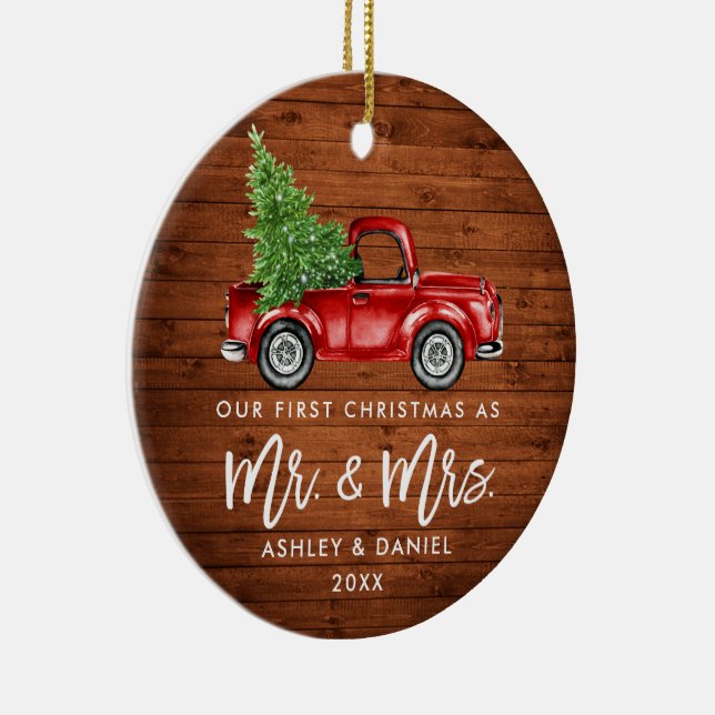 Wood Brush Script First Christmas Truck PHOTO BACK Ceramic Tree Decoration (Right)