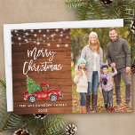 Wood Brush Script Truck Lights Christmas Holiday Card<br><div class="desc">Rustic Wood Brush Script Watercolor Vintage Red Truck with Christmas Tree - Merry Christmas Family Photo Card with String Lights</div>