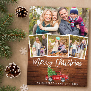 Wood Brush Script Vintage Truck Christmas 4 Photo Postcard